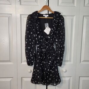 Spring + Mercer Black Floral Swiss Dot Ruffle Wrap Midi Dress‎ Small NWT